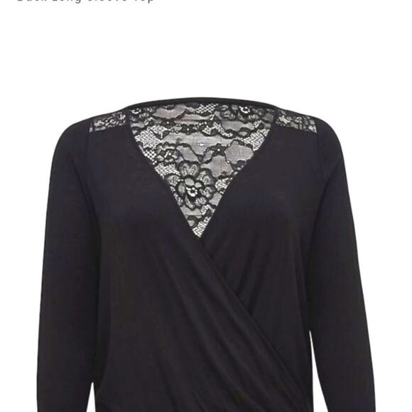 TORRID Plus Size New Black Knit Rayon Span Surplice Lace Back Long sleeve Top. - Picture 3 of 12
